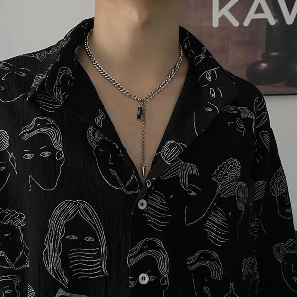 Black Crystal Pendant Stainless Steel Mens Necklace